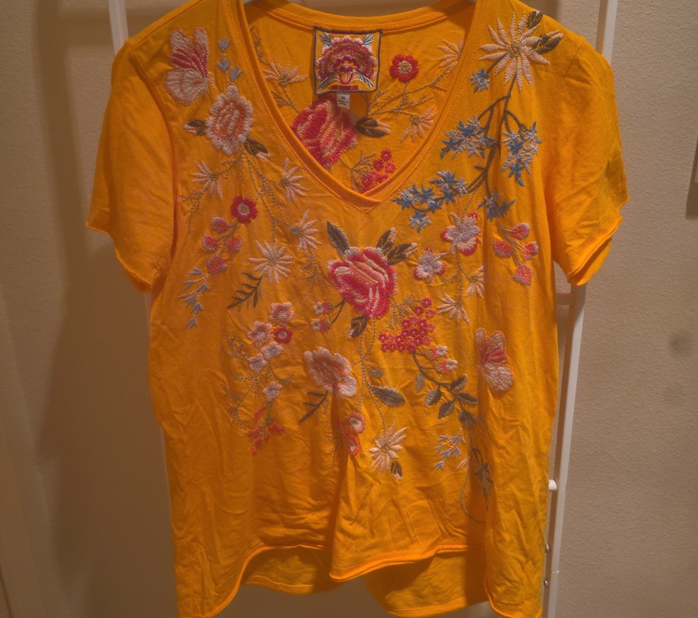 Johnny Was Bright Yellow Short Sleeve V-Neck Tee with Floral Embroidery